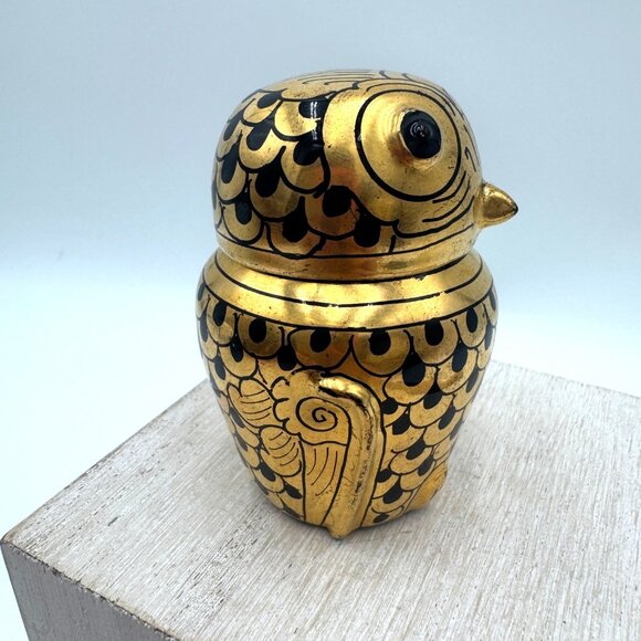Vintage Hand Painted Burmese Gold & Black Lacquerware Owl Trinket Boxes delicate - Picture 6 of 12